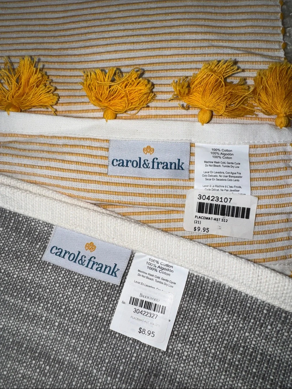 Carol & Frank NWT Set of 2 Placemats 100% Cotton Yellow and Grey